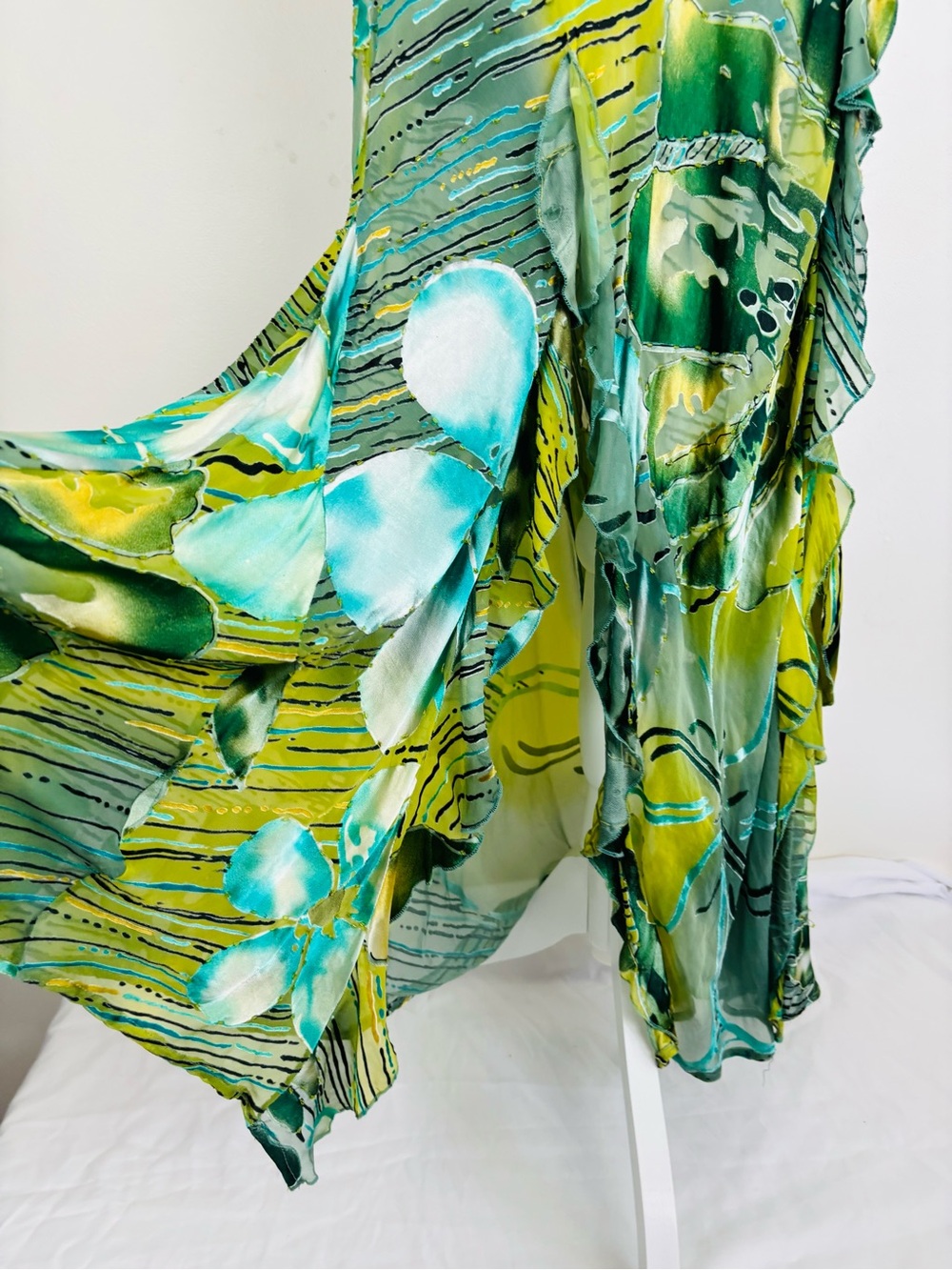 Vintage Artwear Silk Blend Burnout Velvet Beaded Halter Maxi Gown Green Abstract - Picture 8 of 14